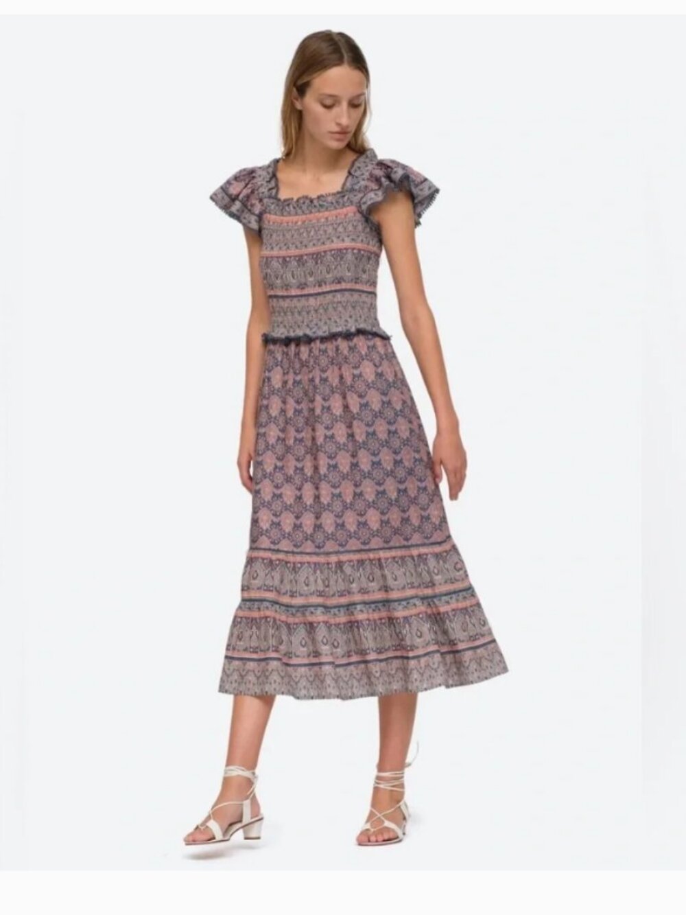 Sea New York Parker Printed Smocked Midi Dress Size Large